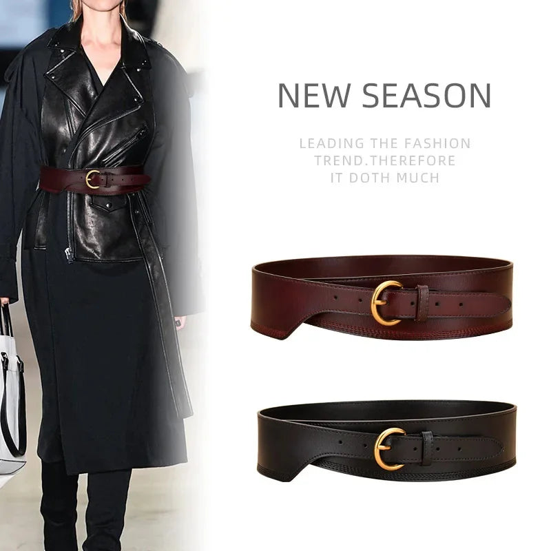 Irregular Retro Women's Leather Decorated Sweater Windbreaker Skirt Wide Designer Belts Women High Quality