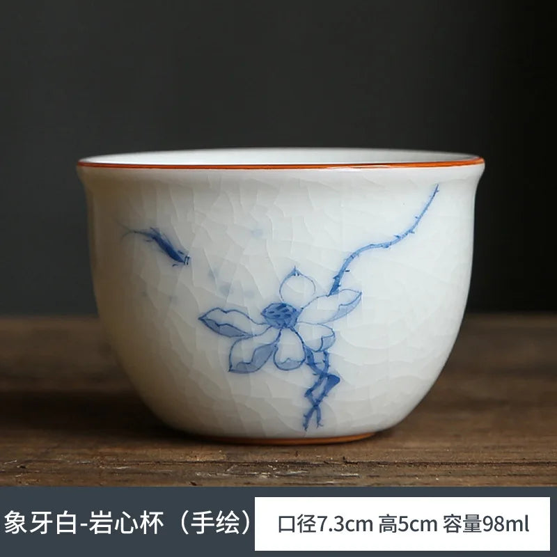 Ivory White Hand Painted Ru Kiln Kung Fu Tea Set Tea Cup Master Cup Single Cup Gracked Glaze Supportable Tea Cup Large Cup