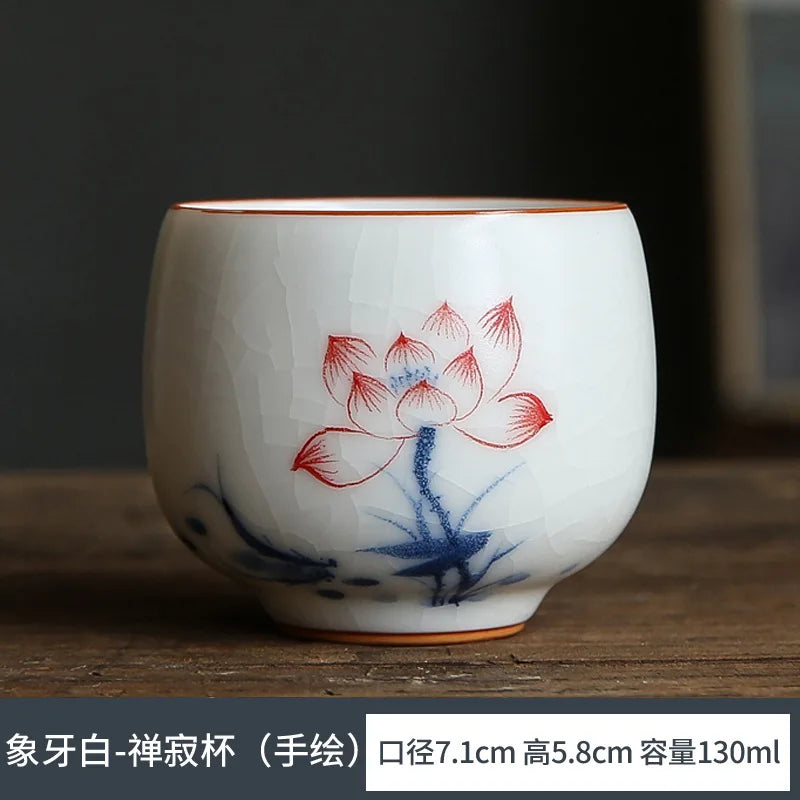 Ivory White Hand Painted Ru Kiln Kung Fu Tea Set Tea Cup Master Cup Single Cup Gracked Glaze Supportable Tea Cup Large Cup