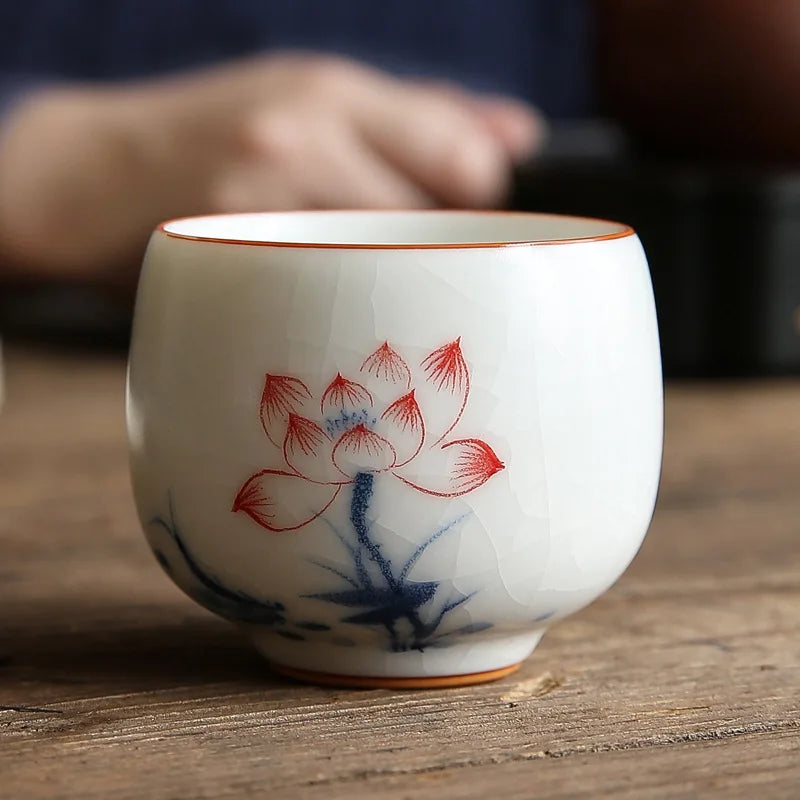 Ivory White Hand Painted Ru Kiln Kung Fu Tea Set Tea Cup Master Cup Single Cup Gracked Glaze Supportable Tea Cup Large Cup