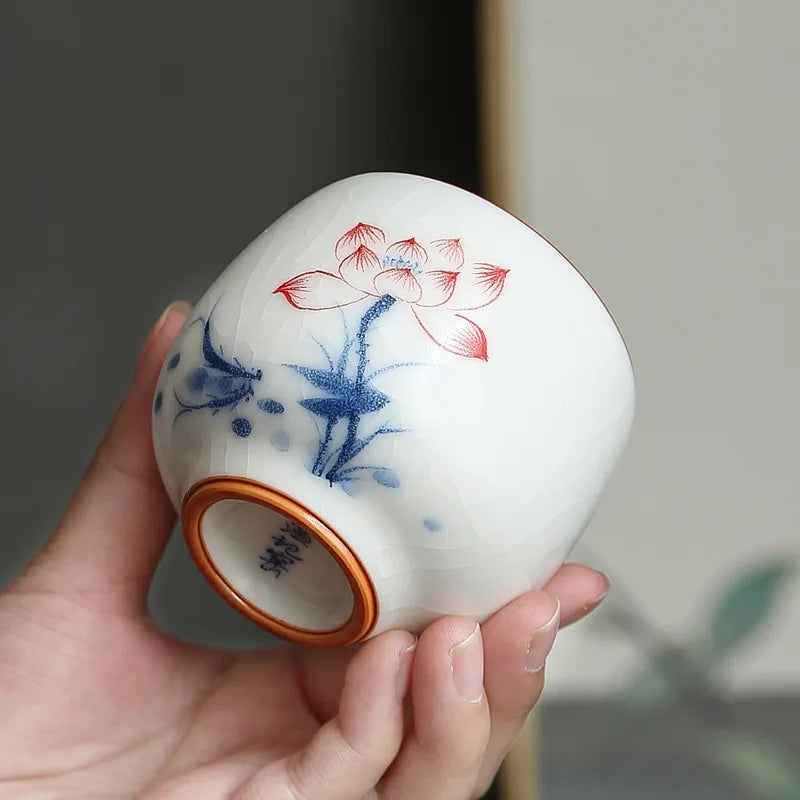 Ivory White Hand Painted Ru Kiln Kung Fu Tea Set Tea Cup Master Cup Single Cup Gracked Glaze Supportable Tea Cup Large Cup