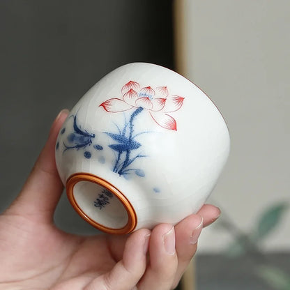 Ivory White Hand Painted Ru Kiln Kung Fu Tea Set Tea Cup Master Cup Single Cup Gracked Glaze Supportable Tea Cup Large Cup
