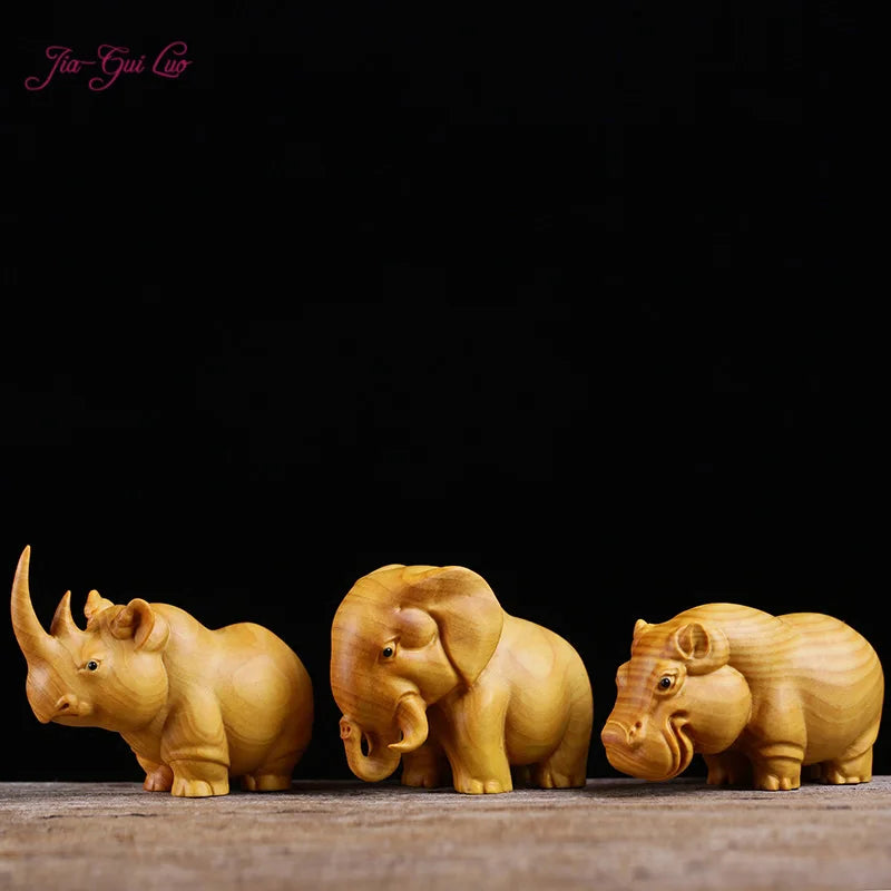 JIA-GUI LUO-Boxwood Carving Animals, Home Decoration, Decorative Ornaments, Rhinestones, Elephant, Hippopotamus, A030
