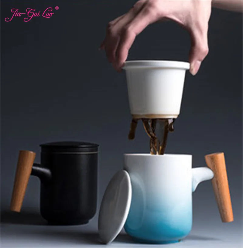 JIA-GUI LUO-Ceramic Tea Mugs with Wooden Handle, Creative Anniversary Gifts for Husband, 300ml, I017