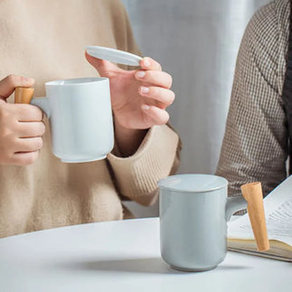 JIA-GUI LUO-Ceramic Tea Mugs with Wooden Handle, Creative Anniversary Gifts for Husband, 300ml, I017