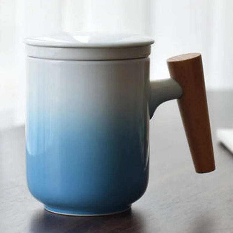 JIA-GUI LUO-Ceramic Tea Mugs with Wooden Handle, Creative Anniversary Gifts for Husband, 300ml, I017