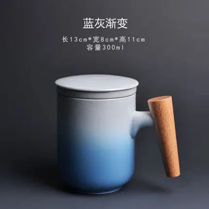 JIA-GUI LUO-Ceramic Tea Mugs with Wooden Handle, Creative Anniversary Gifts for Husband, 300ml, I017
