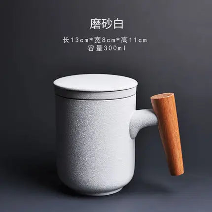 JIA-GUI LUO-Ceramic Tea Mugs with Wooden Handle, Creative Anniversary Gifts for Husband, 300ml, I017