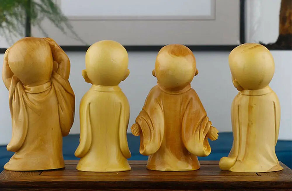 JM023 - 8.2* 4.2 * 3.3 CM Hand Carved Boxwood Figurine - Set of 4 Little Monk Boys