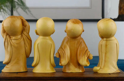 JM023 - 8.2* 4.2 * 3.3 CM Hand Carved Boxwood Figurine - Set of 4 Little Monk Boys