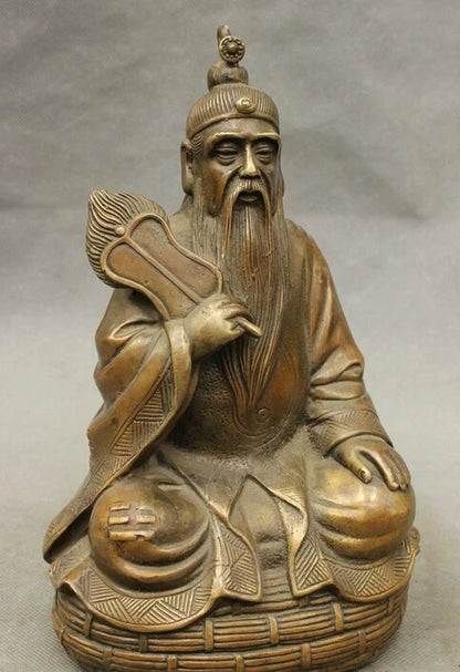 JP S0610 10" Chinese Bronze Copper Taoism High Lord Laojun Taoist Fan Buddha Joss Statue