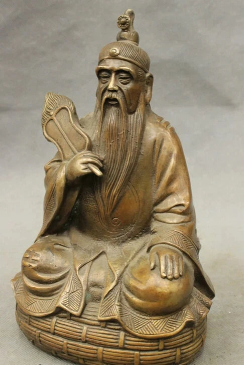 JP S0610 10" Chinese Bronze Copper Taoism High Lord Laojun Taoist Fan Buddha Joss Statue