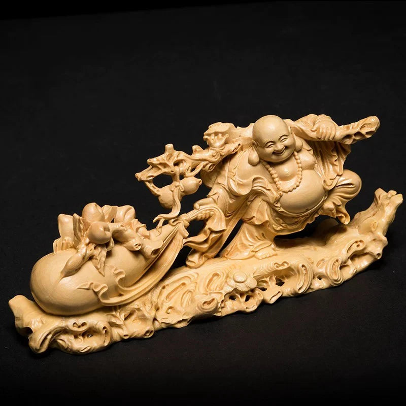 JP062 -- 11 CM Long Carved Boxwood Figurine Carving  Buddhas Decorative Figures: Wealthy Buddha