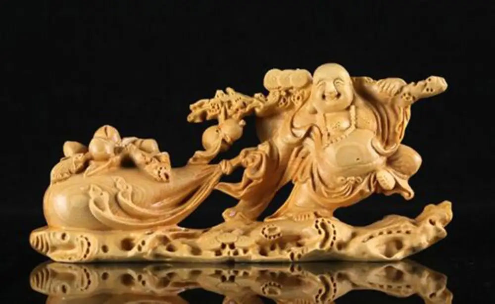 JP062 -- 11 CM Long Carved Boxwood Figurine Carving  Buddhas Decorative Figures: Wealthy Buddha