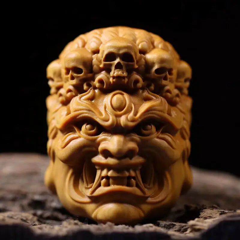 JP144 - 5x3.5x3.5 CM (2"）Boxwood Carving Netsuke : Fudo Gothic Devil Mask