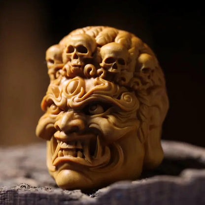 JP144 - 5x3.5x3.5 CM (2"）Boxwood Carving Netsuke : Fudo Gothic Devil Mask