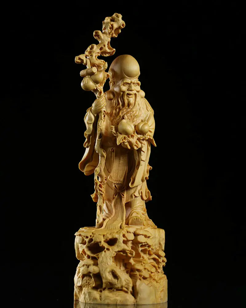 JP161ca - 20 CM High Hand Carved Boxwood Carving : God of Longevity
