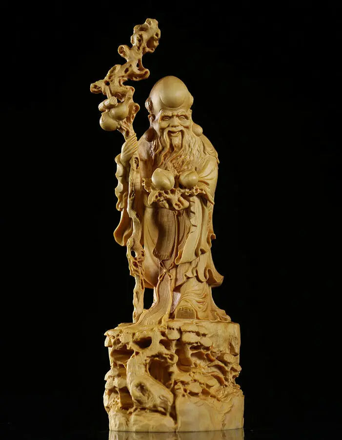 JP161ca - 20 CM High Hand Carved Boxwood Carving : God of Longevity