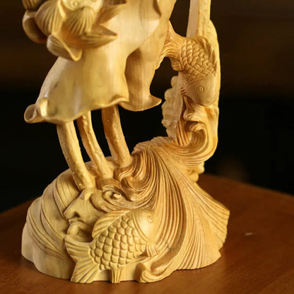 JP162ca - 20*9*6 CM Stunning Boxwood Figurine Carving: Lotus Fish Pen Box