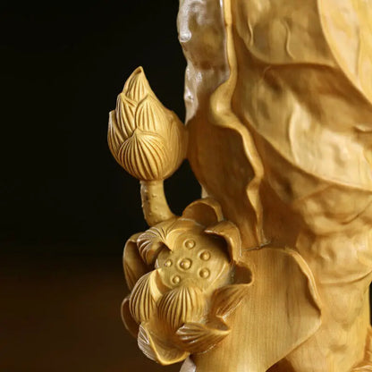 JP162ca - 20*9*6 CM Stunning Boxwood Figurine Carving: Lotus Fish Pen Box