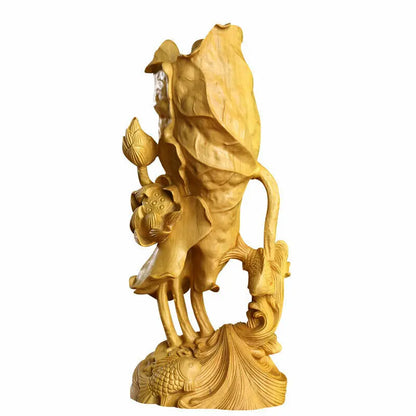 JP162ca - 20*9*6 CM Stunning Boxwood Figurine Carving: Lotus Fish Pen Box
