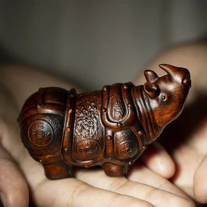 JP172 - 7 x 4.5 x 3 CM Rhino Boxwood Carving Figurine Auspicious Small Sculpture Feng Shui Home Decor