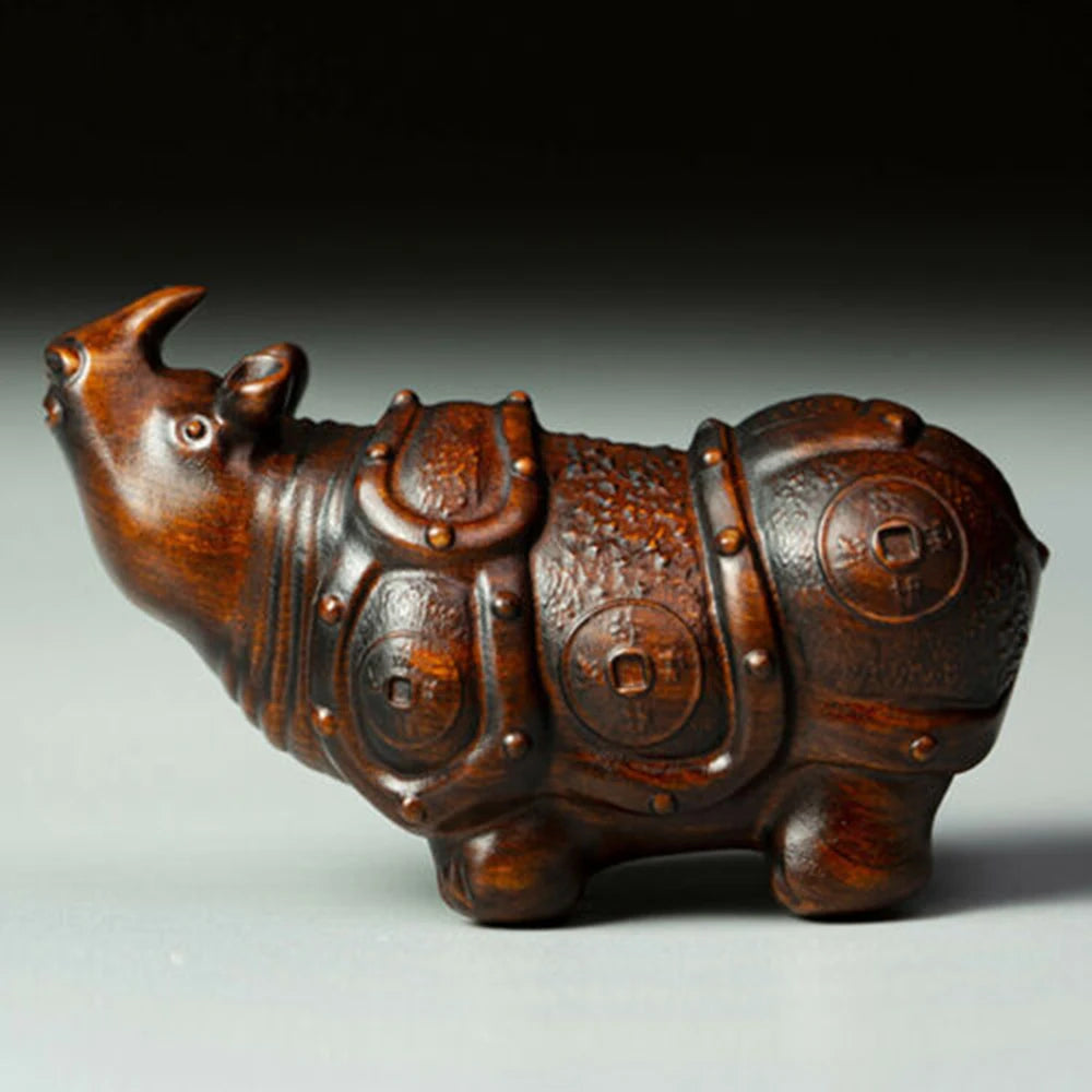JP172 - 7 x 4.5 x 3 CM Rhino Boxwood Carving Figurine Auspicious Small Sculpture Feng Shui Home Decor