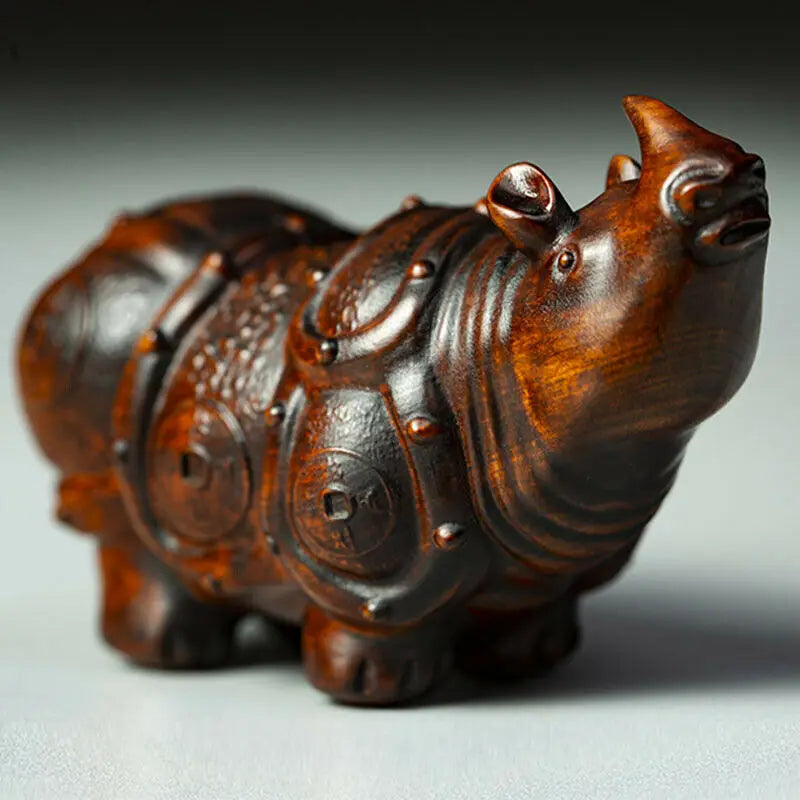 JP172 - 7 x 4.5 x 3 CM Rhino Boxwood Carving Figurine Auspicious Small Sculpture Feng Shui Home Decor