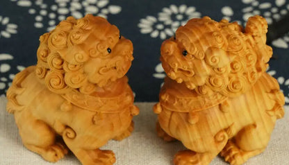JP176 - 5.5 CM Tall Pair of Foo Dog Lion Boxwood Sculpture Kylin Statue Lucky Living Room Home Decor