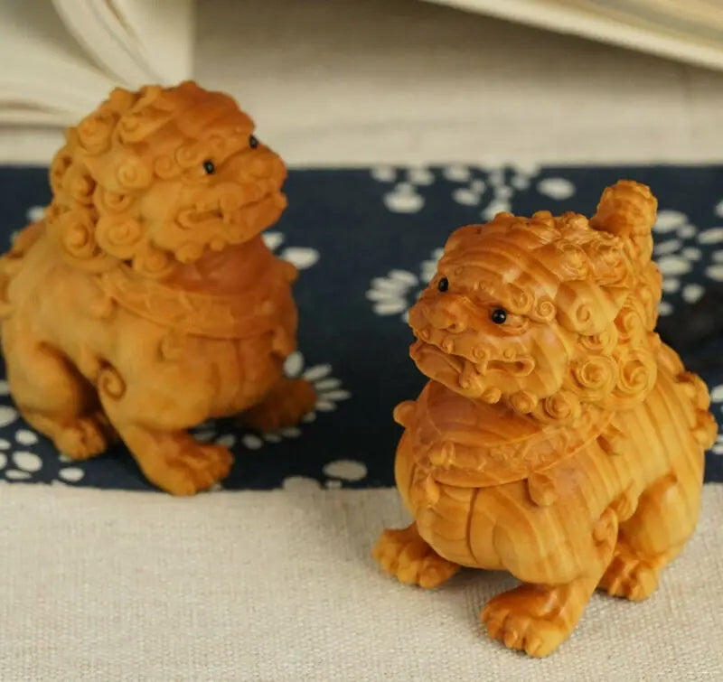 JP176 - 5.5 CM Tall Pair of Foo Dog Lion Boxwood Sculpture Kylin Statue Lucky Living Room Home Decor