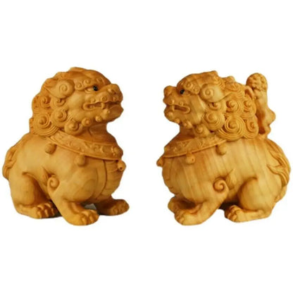 JP176 - 5.5 CM Tall Pair of Foo Dog Lion Boxwood Sculpture Kylin Statue Lucky Living Room Home Decor