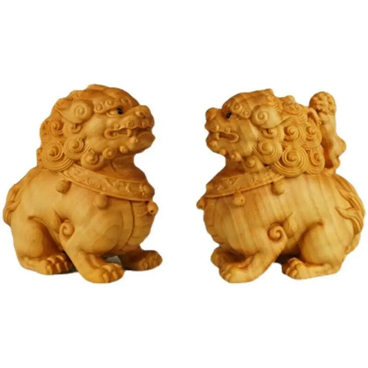 JP176 - 5.5 CM Tall Pair of Foo Dog Lion Boxwood Sculpture Kylin Statue Lucky Living Room Home Decor
