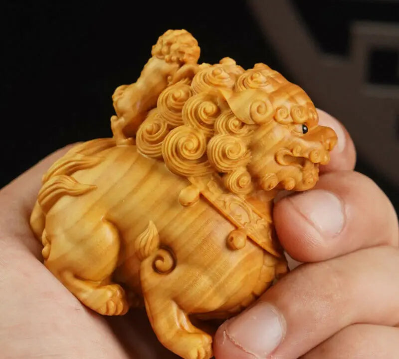 JP176 - 5.5 CM Tall Pair of Foo Dog Lion Boxwood Sculpture Kylin Statue Lucky Living Room Home Decor