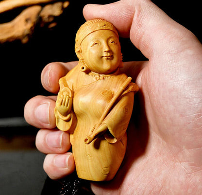 JX023 - 8.3x4.3x3.4 CM Hand Carved Boxwood Carving Figurine Netsuke Rich Woman Lady Statue-Home Decor Collection Ornaments