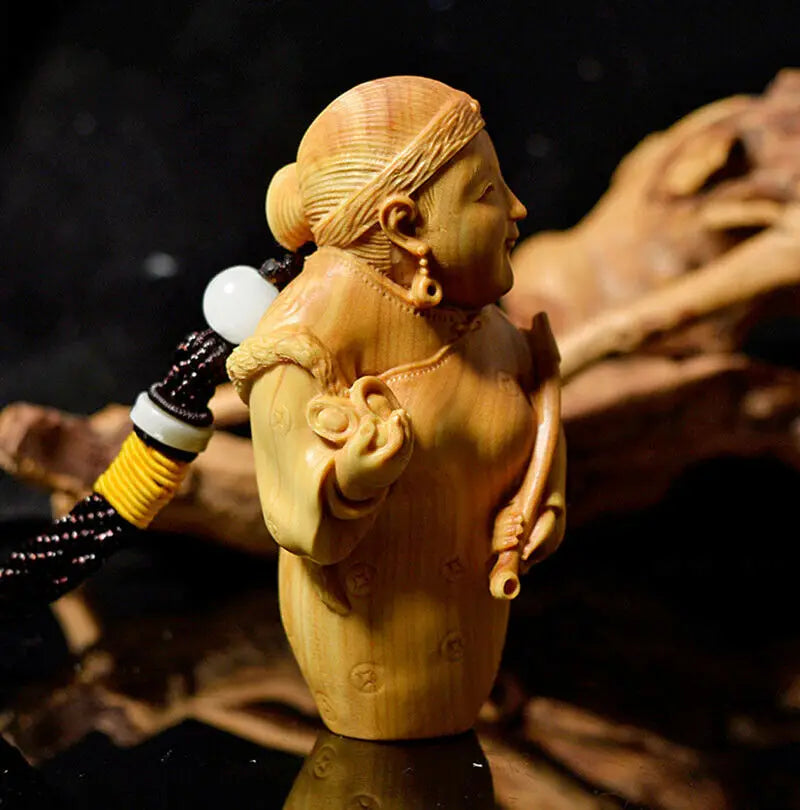 JX023 - 8.3x4.3x3.4 CM Hand Carved Boxwood Carving Figurine Netsuke Rich Woman Lady Statue-Home Decor Collection Ornaments