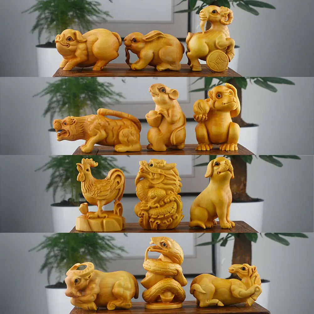 JY014ca -7 CM Each Hand Carved Boxwood Carving Figurine - 12 Zodiac Animals