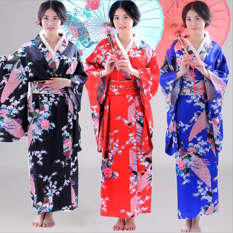 Japan Style Clothes Kimono Bridesmaid Wedding Dressing Dress Peacock Sakura Print Satin Silk Yukata Bathing Robe Nightgown