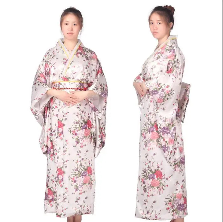 Japan Style Clothes Kimono Bridesmaid Wedding Dressing Dress Peacock Sakura Print Satin Silk Yukata Bathing Robe Nightgown