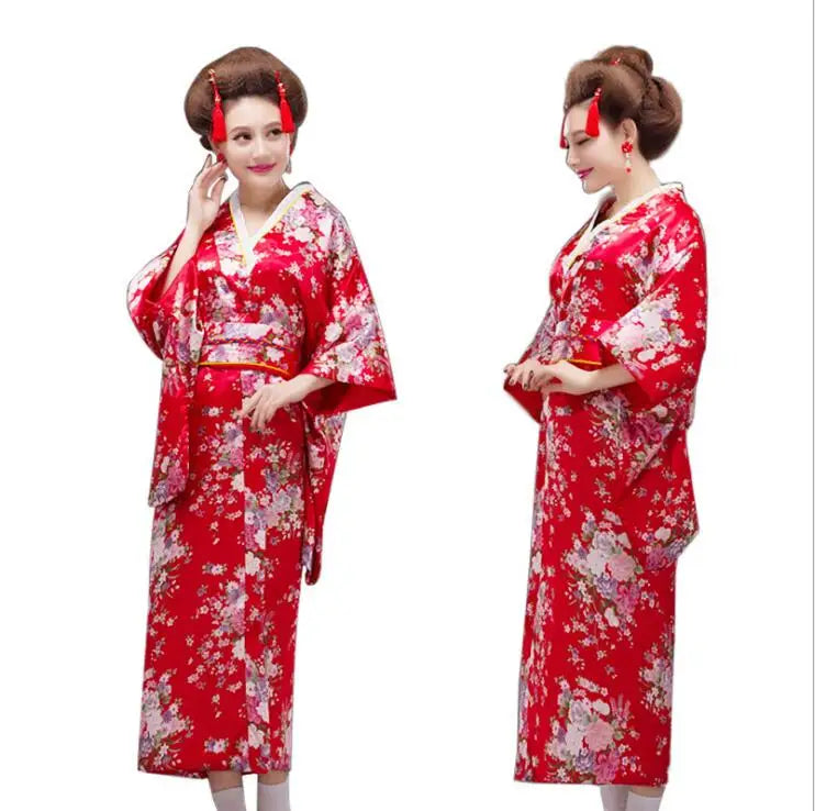 Japan Style Clothes Kimono Bridesmaid Wedding Dressing Dress Peacock Sakura Print Satin Silk Yukata Bathing Robe Nightgown