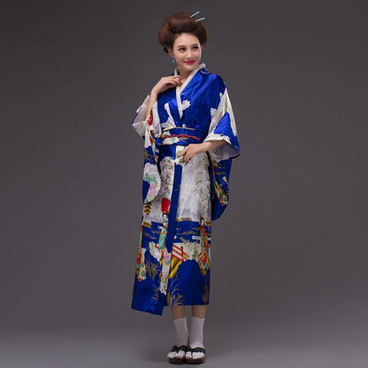 Japan Style Clothes Kimono Bridesmaid Wedding Dressing Dress Peacock Sakura Print Satin Silk Yukata Bathing Robe Nightgown
