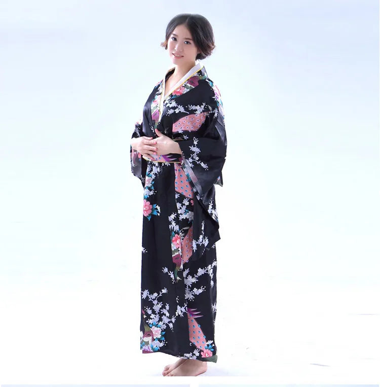 Japan Style Clothes Kimono Bridesmaid Wedding Dressing Dress Peacock Sakura Print Satin Silk Yukata Bathing Robe Nightgown
