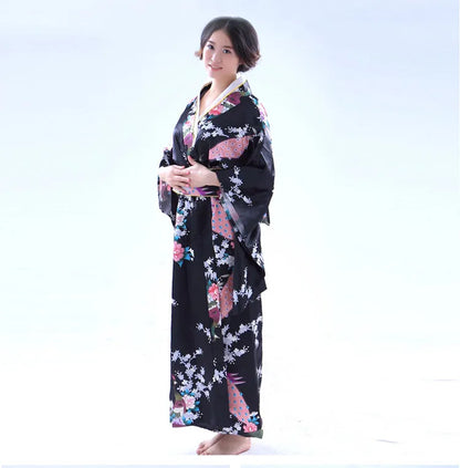Japan Style Clothes Kimono Bridesmaid Wedding Dressing Dress Peacock Sakura Print Satin Silk Yukata Bathing Robe Nightgown