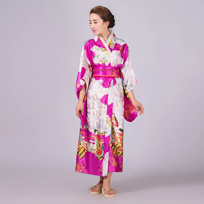 Japan Style Clothes Kimono Bridesmaid Wedding Dressing Dress Peacock Sakura Print Satin Silk Yukata Bathing Robe Nightgown