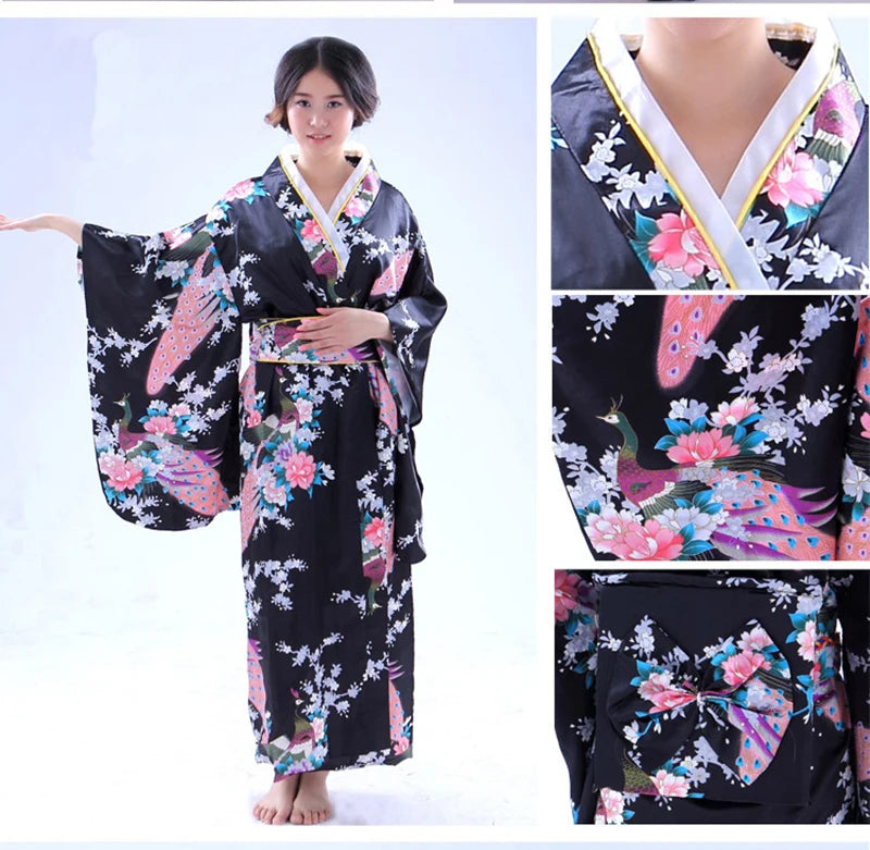 Japan Style Clothes Kimono Bridesmaid Wedding Dressing Dress Peacock Sakura Print Satin Silk Yukata Bathing Robe Nightgown