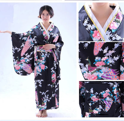 Japan Style Clothes Kimono Bridesmaid Wedding Dressing Dress Peacock Sakura Print Satin Silk Yukata Bathing Robe Nightgown