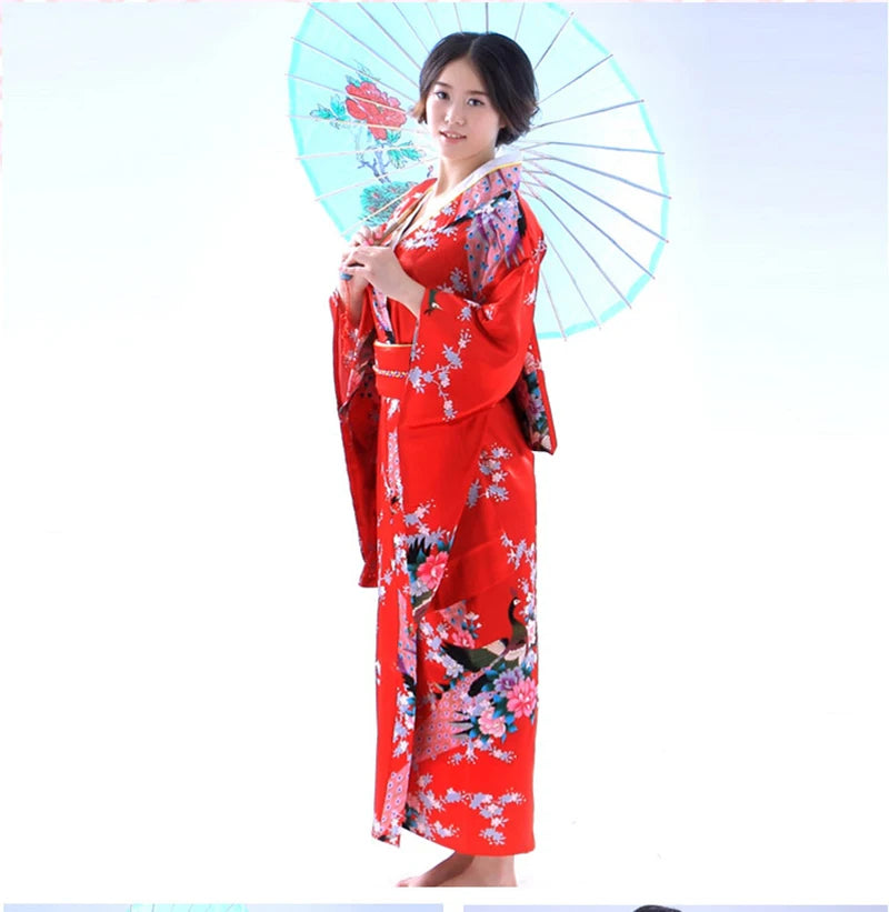 Japan Style Clothes Kimono Bridesmaid Wedding Dressing Dress Peacock Sakura Print Satin Silk Yukata Bathing Robe Nightgown
