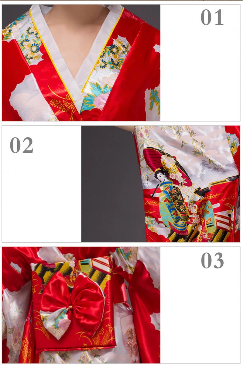 Japan Style Clothes Kimono Bridesmaid Wedding Dressing Dress Peacock Sakura Print Satin Silk Yukata Bathing Robe Nightgown