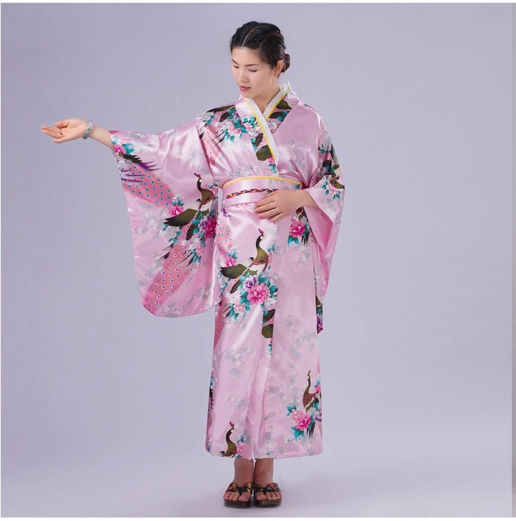 Japan Style Clothes Kimono Bridesmaid Wedding Dressing Dress Peacock Sakura Print Satin Silk Yukata Bathing Robe Nightgown