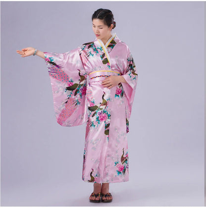 Japan Style Clothes Kimono Bridesmaid Wedding Dressing Dress Peacock Sakura Print Satin Silk Yukata Bathing Robe Nightgown