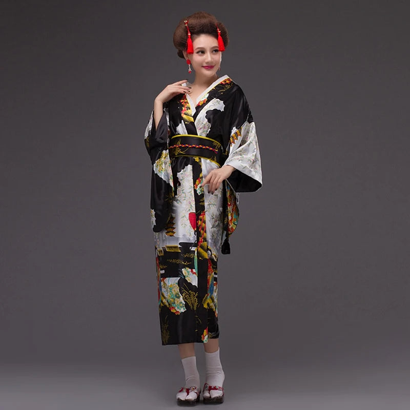 Japan Style Clothes Kimono Bridesmaid Wedding Dressing Dress Peacock Sakura Print Satin Silk Yukata Bathing Robe Nightgown